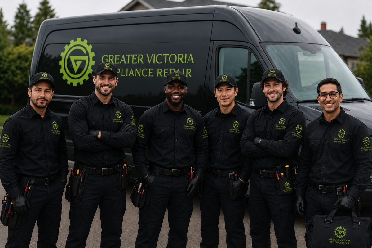 The Greater Victoria Appliance Repair technician team in front of a branded service van